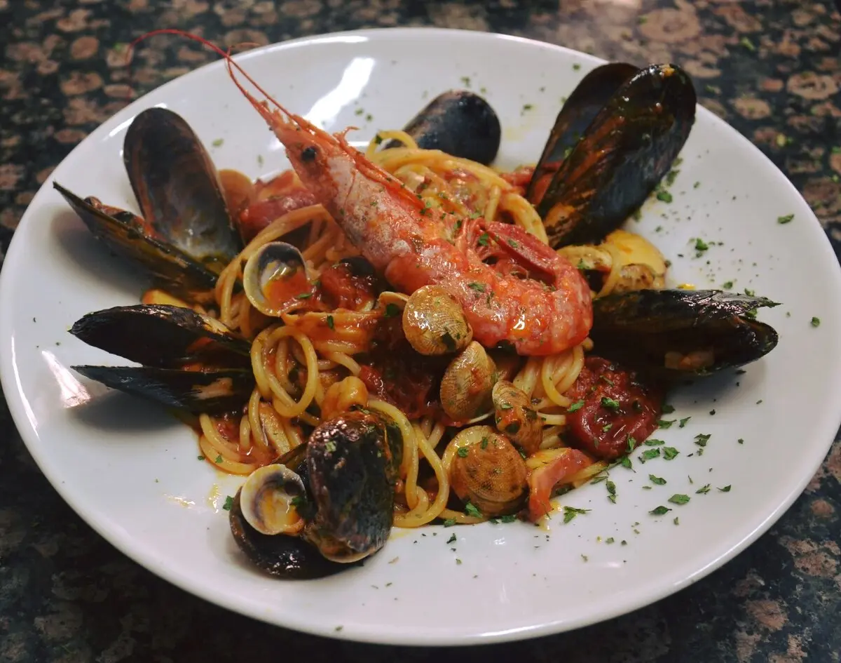 Tasty pasta dish with seafood at la Bruschetteria restaurant