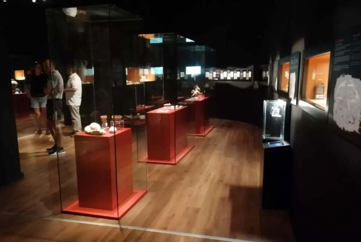 Interior of the Nerja museum with dim lighting and red pedestals displaying artefacts