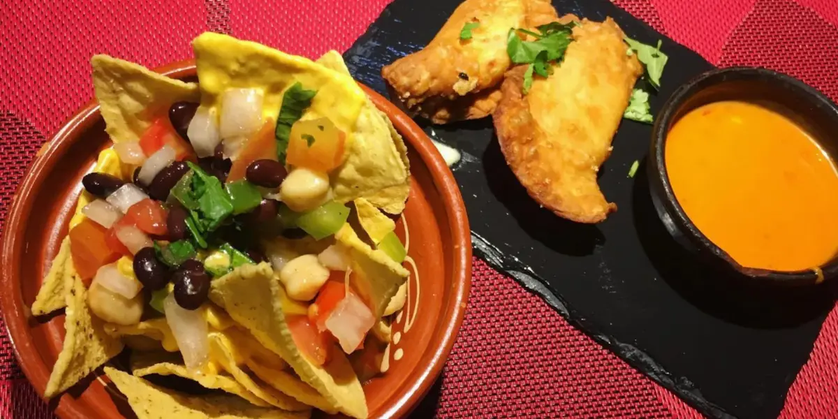 Lækre veganske retter af nachos med grøntsager og hjemmelavede empanadillas på Andino Gastrobar restaurant