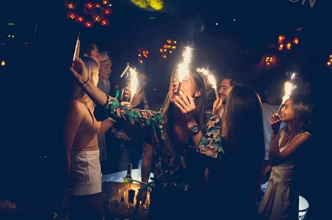 Party girls holding sparklers at Funky Buddha Marbella