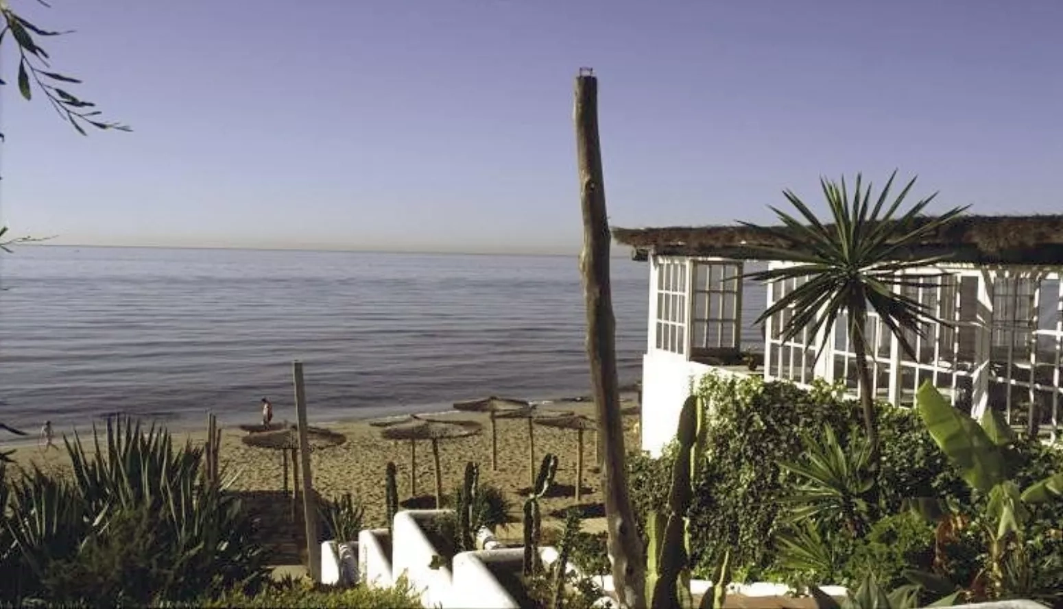 Vegetatie, chiriguito en parasols op het strand van Calahonda