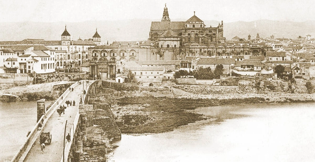 Oude ansichtkaart uit de 20e eeuw van de Roman Bridge van Córdoba